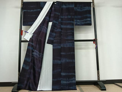 平和屋着物▽お召 単衣 横段文 正絹 逸品 AABG8825jh
