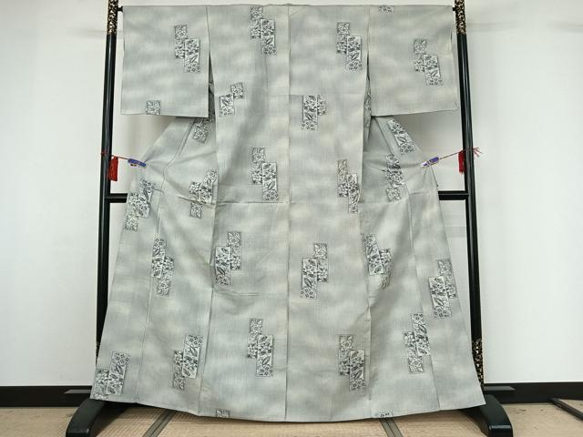 平和屋着物▽上質な紬 単衣 短冊花文 正絹 逸品 AABG8826jh