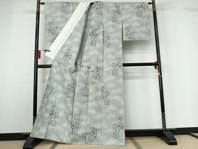 平和屋着物▽上質な紬 単衣 短冊花文 正絹 逸品 AABG8826jh
