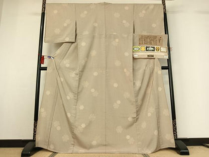 平和屋着物▽伝統工芸士 白川貞夫 お召 単衣 雪輪文 本しぼ柿渋染め 証紙付き 正絹 逸品 AABG8830jh
