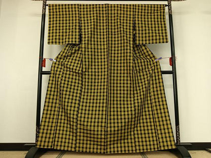 平和屋着物▽黄八丈 単衣 格子 正絹 逸品 AABG8837jh