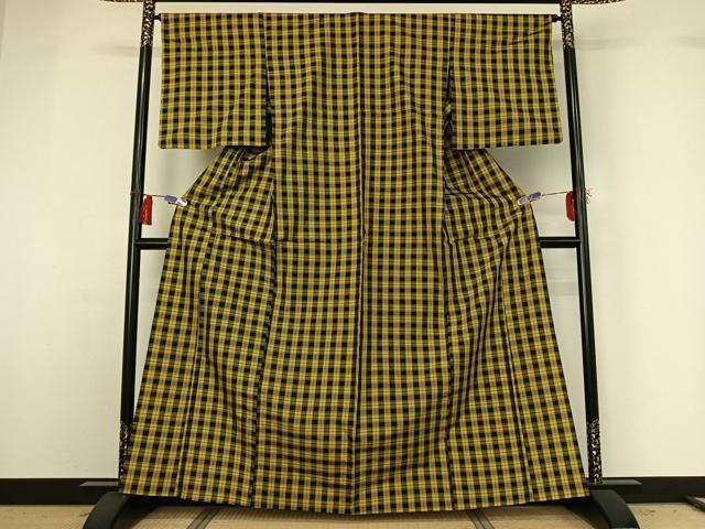 平和屋着物▽黄八丈 単衣 格子 正絹 逸品 AABG8837jh