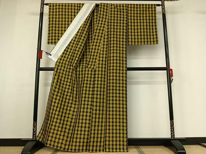 平和屋着物▽黄八丈 単衣 格子 正絹 逸品 AABG8837jh