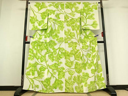 平和屋着物▽上質な小紋 単衣 手描き 枝葉文 正絹 逸品 AABG8839jh