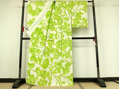 平和屋着物▽上質な小紋 単衣 手描き 枝葉文 正絹 逸品 AABG8839jh