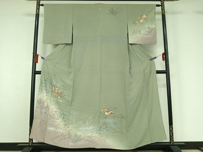 平和屋着物▽訪問着 単衣 駒刺繍 短冊花文 暈し染め 金彩 正絹 逸品 AABG8842jh