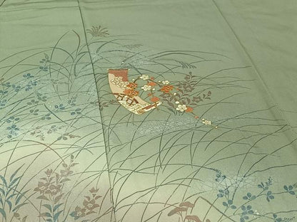 平和屋着物▽訪問着 単衣 駒刺繍 短冊花文 暈し染め 金彩 正絹 逸品 AABG8842jh