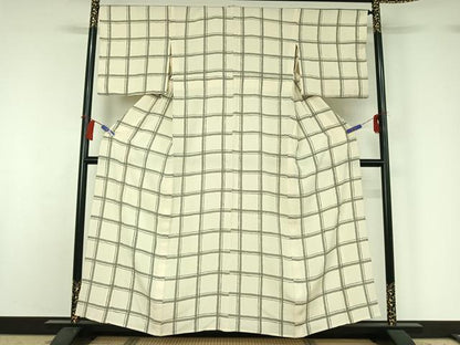 平和屋着物▽上質な小紋 単衣 手描き 格子 正絹 逸品 AABG8845jh