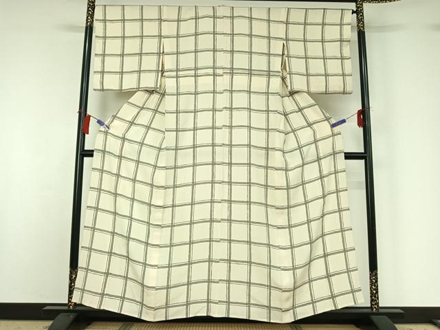 平和屋着物▽上質な小紋 単衣 手描き 格子 正絹 逸品 AABG8845jh