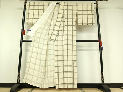 平和屋着物▽上質な小紋 単衣 手描き 格子 正絹 逸品 AABG8845jh