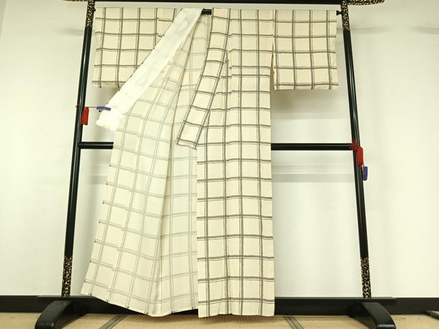 平和屋着物▽上質な小紋 単衣 手描き 格子 正絹 逸品 AABG8845jh