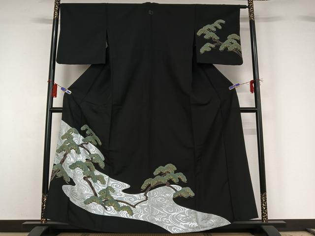 平和屋着物▽訪問着 単衣 流水松文 黒地 金銀彩 洗える着物 AABG8848jh