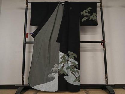 平和屋着物▽訪問着 単衣 流水松文 黒地 金銀彩 洗える着物 AABG8848jh