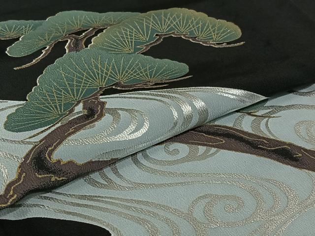 平和屋着物▽訪問着 単衣 流水松文 黒地 金銀彩 洗える着物 AABG8848jh