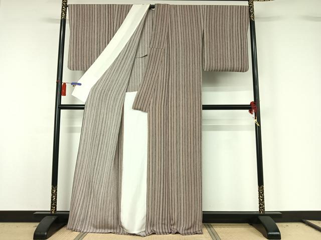 平和屋着物▽上質な小紋 単衣 古代縞 反端付き 正絹 逸品 AABG8851jh