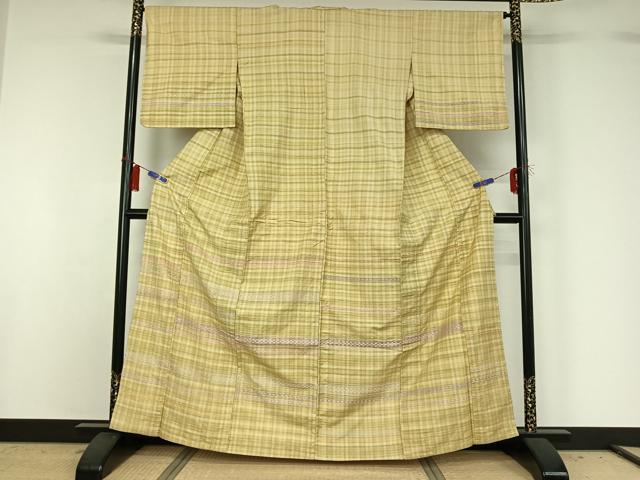 平和屋着物▽訪問着 単衣 花織 紬地 横段文 正絹 逸品 AABG8852jh