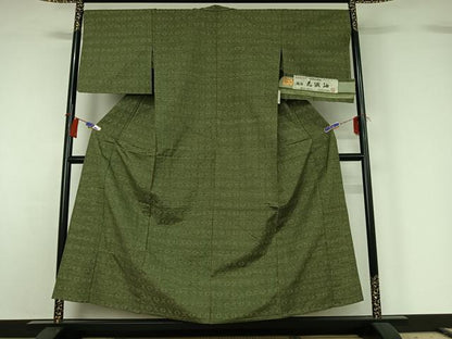 平和屋着物▽花織紬 単衣 幾何学文様 反端付き 正絹 逸品 AABG8856jh
