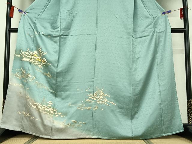 平和屋着物▽訪問着 単衣 駒刺繍 立波花鳥文 暈し染め 金彩 正絹 逸品 AABG8858jh