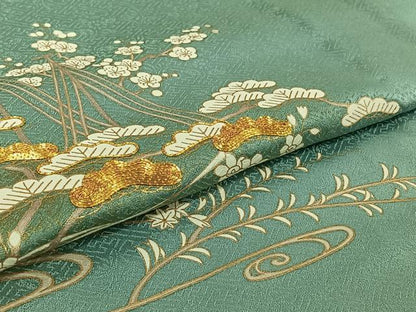 平和屋着物▽訪問着 単衣 駒刺繍 立波花鳥文 暈し染め 金彩 正絹 逸品 AABG8858jh
