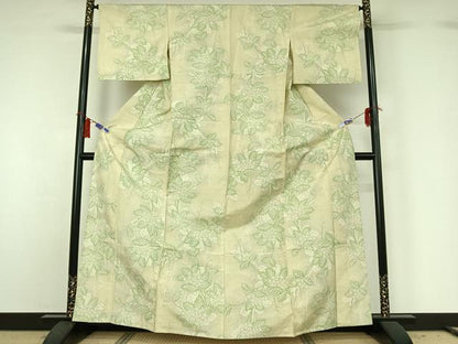 平和屋着物▽上質な紬 単衣 草花文 正絹 逸品 AABG8861jh