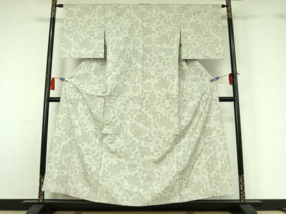 平和屋着物▽上質な紬 単衣 流水花文 正絹 逸品 AABG8865jh