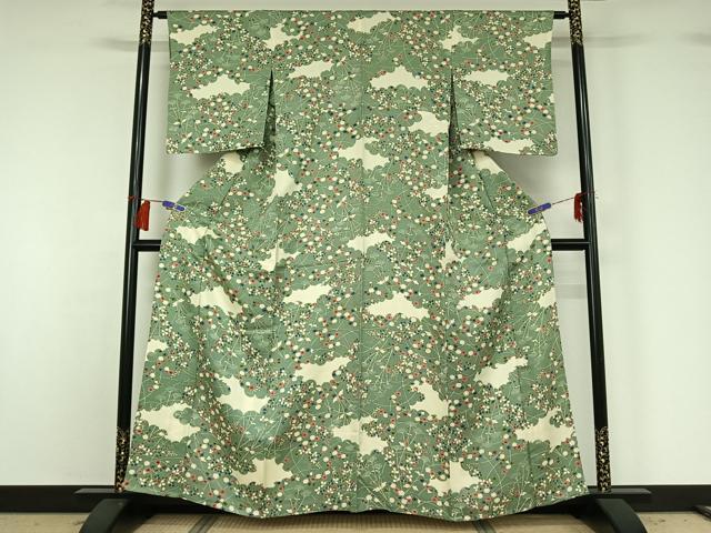 平和屋着物▽上質な小紋　単衣　雲取り花文　正絹　逸品　AABG8873jh