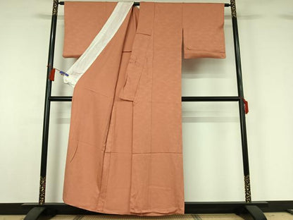 平和屋着物▽上質な色無地 単衣 立波地紋 洗朱色 正絹 逸品 AABG8878jh