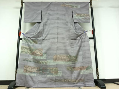 平和屋着物▽訪問着 単衣 横段花鳥文 金彩 正絹 逸品 AABG8879jh