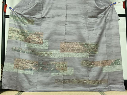平和屋着物▽訪問着 単衣 横段花鳥文 金彩 正絹 逸品 AABG8879jh
