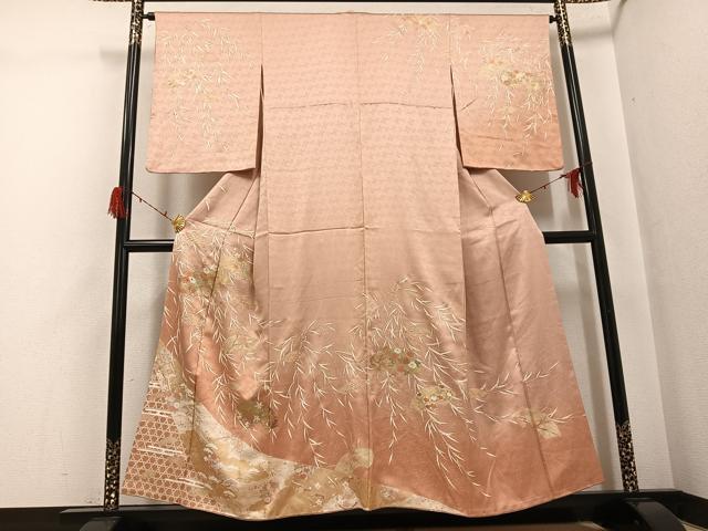 平和屋着物●訪問着　駒刺繍　松竹梅地紙草花文　金彩　正絹　逸品　AABG9001ph