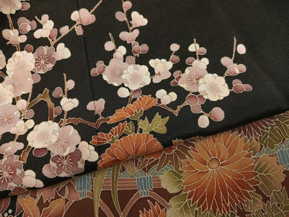 平和屋着物●豪華黒留袖　友禅　作家物　枝花文　正絹　逸品　AABG9006ph