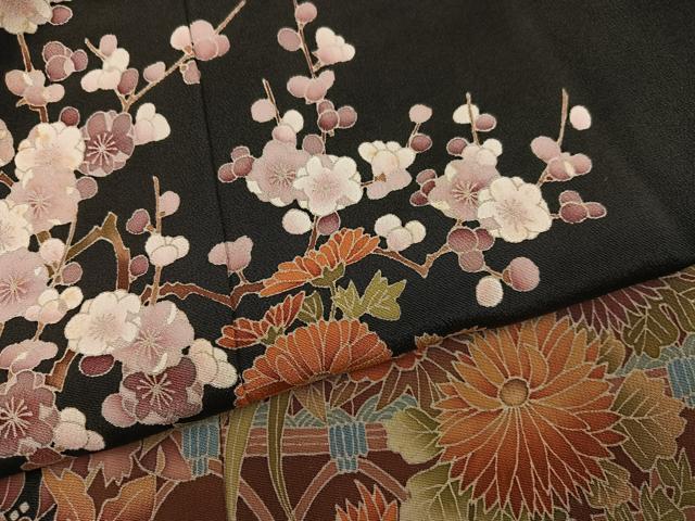 平和屋着物●豪華黒留袖　友禅　作家物　枝花文　正絹　逸品　AABG9006ph