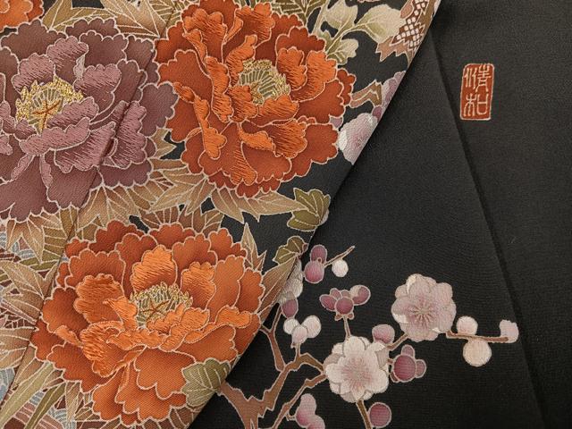 平和屋着物●豪華黒留袖　友禅　作家物　枝花文　正絹　逸品　AABG9006ph