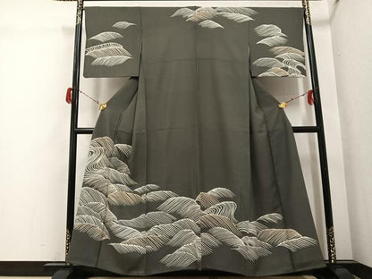 平和屋着物●訪問着　友禅　刺繍　立波文　金糸　正絹　逸品　AABG9009ph