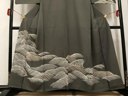 平和屋着物●訪問着　友禅　刺繍　立波文　金糸　正絹　逸品　AABG9009ph