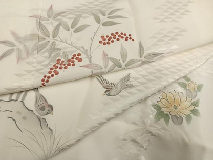 平和屋着物●長襦袢　袷　手描き　花鳥文　正絹　逸品　AABG9012ph