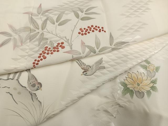 平和屋着物●長襦袢　袷　手描き　花鳥文　正絹　逸品　AABG9012ph