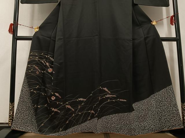 平和屋着物●訪問着　刺繍　手描き　雪輪草花文　黒地　金彩　正絹　逸品　AABG9013ph