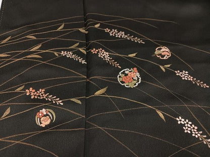 平和屋着物●訪問着　刺繍　手描き　雪輪草花文　黒地　金彩　正絹　逸品　AABG9013ph
