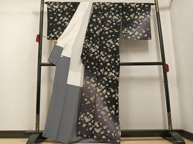 平和屋着物●訪問着　辻が花　暈し染め　黒地　金彩　正絹　逸品　AABG9021ph
