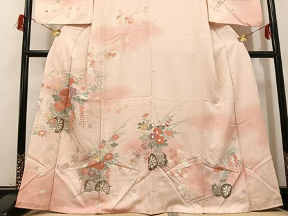 平和屋着物●訪問着　友禅　刺繍　花車文　暈し染め　金彩　正絹　逸品　AABG9030ph