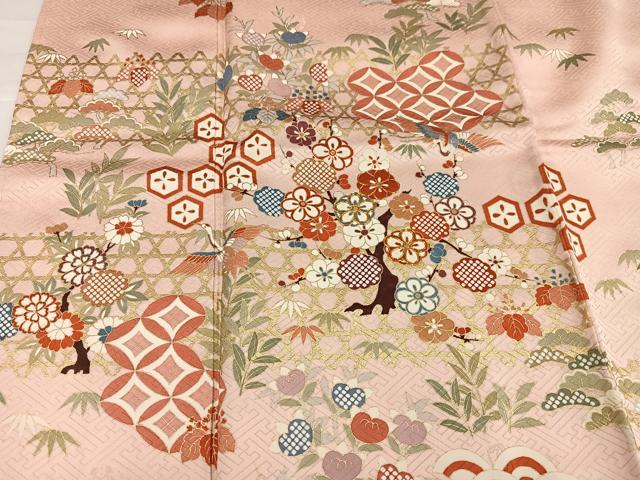 平和屋着物●十日町老舗ブランド　吉澤友禅　吾妻徳穂　訪問着　駒刺繍　松竹梅群れ鶴吉祥文　金彩　正絹　逸品　AABG9051ph