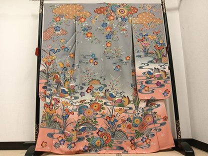 平和屋着物●豪華振袖　紅型　流水鴛鴦花文　暈し染め　正絹　逸品　AABG9060ph
