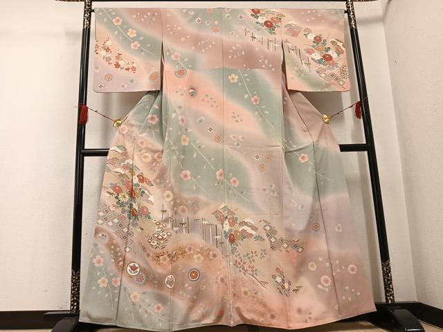 平和屋着物●訪問着　友禅　駒刺繍　舞扇草花文　暈し染め　金彩　正絹　逸品　AABG9062ph