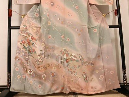 平和屋着物●訪問着　友禅　駒刺繍　舞扇草花文　暈し染め　金彩　正絹　逸品　AABG9062ph