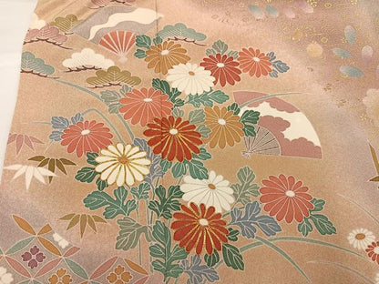 平和屋着物●訪問着　友禅　駒刺繍　舞扇草花文　暈し染め　金彩　正絹　逸品　AABG9062ph