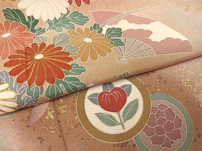 平和屋着物●訪問着　友禅　駒刺繍　舞扇草花文　暈し染め　金彩　正絹　逸品　AABG9062ph