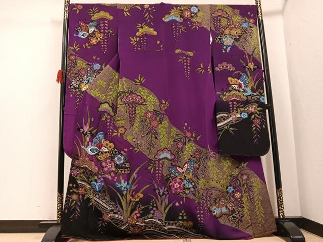 平和屋着物●豪華振袖　型染め　花蝶文　鬼しぼ縮緬　正絹　逸品　AABG9067ph