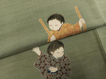 平和屋着物●本場大島紬　訪問着　作家物　手描き　童子遊び　正絹　逸品　未使用　AABG9069ph