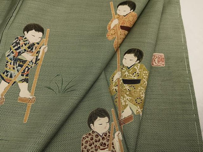 平和屋着物●本場大島紬　訪問着　作家物　手描き　童子遊び　正絹　逸品　未使用　AABG9069ph